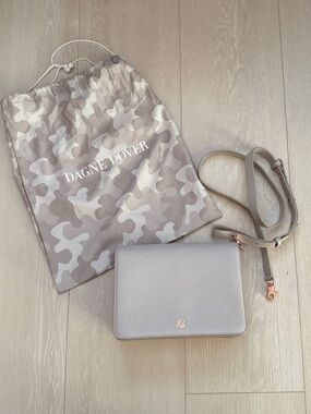 Dagne Dover Light Gray Pebbled Leather Crossbody with Rose Gold Hardware